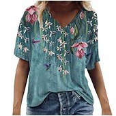cheap Floral tee-Women&#039;s T shirt Tee Floral blue Willow Green Pink Graphic Florals Short Sleeve Casual Basic V Neck Floral S