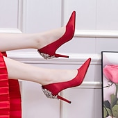 tanie Formalny-damskie buty ślubne buty dla nowożeńców druhna sukienka biurowa eleganckie białe czerwone ciemnoniebieskie imitacje dżetów kryształowa satyna szpiczasty nosek buty na wysokim obcasie walentynki prezenty wesele rocznica