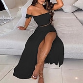 abordables Robes fleuries élégantes-robe longue femme maxi robe plume blanche points verts plume de paon sans manches couleur pure split printemps été épaule dénudée mode 2023 s m l xl xxl xxxl