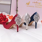 tanie Formalny-damskie buty ślubne buty dla nowożeńców druhna sukienka biurowa eleganckie białe czerwone ciemnoniebieskie imitacje dżetów kryształowa satyna szpiczasty nosek buty na wysokim obcasie walentynki prezenty wesele rocznica