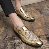 cheap Semi-Formal-Men&#039;s Gold Glitter Dress Shoes – Shiny Formal Buckle Loafers for Parties, Weddings, and Special Events