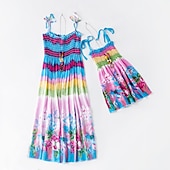 cheap Casual Dresses-Mommy and Me Children&#039;s Day Dresses Rainbow Striped Daily Wear Print Multicolor Blue Green Sleeveless Knee-length Tank Dress Boho Matching Outfits