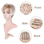 abordables perruque plus âgée-perruque courte en couches coupe lutin avec une frange synthétique racines sombres cheveux de remplacement complets moelleux pour les femmes blanches cendre blonde lowlight avec racine