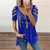 economico Top Grafici da Donna-donne top t-shirt hollow-out spalla manica corta camicetta casual camicie esplosive stampa piuma scollo a V cerniera camicia