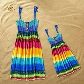 cheap Casual Dresses-Mommy and Me Children&#039;s Day Dresses Rainbow Striped Daily Wear Print Multicolor Blue Green Sleeveless Knee-length Tank Dress Boho Matching Outfits