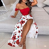 abordables Robes fleuries élégantes-robe longue femme maxi robe plume blanche points verts plume de paon sans manches couleur pure split printemps été épaule dénudée mode 2023 s m l xl xxl xxxl