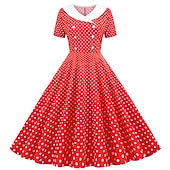 cheap Dresses-Retro Vintage 1950s Rockabilly Knee Length Dress Swing Dress Flare Dress Normal Polka Dot A-Line V Neck Fancy Dress Women's Carnival New Year Masquerade Daily Wear Tea Party Retro Theme Party Adults'