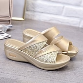 abordables Sandales Décontractées-sandales compensées à paillettes pour femmes - chaussures à plateforme dorées à enfiler avec semelle confortable pour une tenue décontractée et de fête