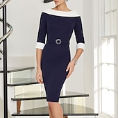 preiswerte Teelänge-Etui Kleid für die Brautmutter Hochzeitsgast Eleganter Juwelenausschnitt Knie-länglich Stretch Stoff Halbe Ärmel mit Schärpe  Band Kristall Brosche Farbblock Rennkleid