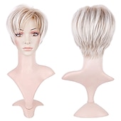 abordables perruque plus âgée-perruque courte en couches coupe lutin avec une frange synthétique racines sombres cheveux de remplacement complets moelleux pour les femmes blanches cendre blonde lowlight avec racine