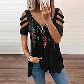economico Top Grafici da Donna-donne top t-shirt hollow-out spalla manica corta camicetta casual camicie esplosive stampa piuma scollo a V cerniera camicia