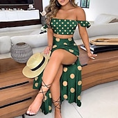 abordables Robes fleuries élégantes-robe longue femme maxi robe plume blanche points verts plume de paon sans manches couleur pure split printemps été épaule dénudée mode 2023 s m l xl xxl xxxl