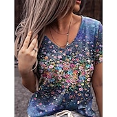cheap Floral tee-Women&#039;s T shirt Tee Floral blue Willow Green Pink Graphic Florals Short Sleeve Casual Basic V Neck Floral S