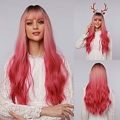 economico Parrucche trendy sintetiche-parrucca bionda lunga ombre per le donne 26 pollici parrucche ondulate bionde sintetiche parte centrale capelli resistenti al calore lunga parrucca bionda per abbigliamento da festa quotidiano