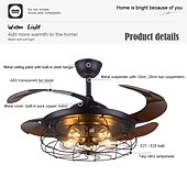 cheap Ceiling Fan Lights-Ceiling Fan with Lights-42&quot; Industrial Ceiling Fan with Retractable Blades, 3/6-Speed ControlVintage Cage Ceiling Light Fixture with Remote for Kitchen, Dining Room, Living Room E26 Black