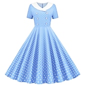 cheap Dresses-Retro Vintage 1950s Rockabilly Knee Length Dress Swing Dress Flare Dress Normal Polka Dot A-Line V Neck Fancy Dress Women's Carnival New Year Masquerade Daily Wear Tea Party Retro Theme Party Adults'
