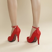 ieftine Formal-Tocuri înalte cu curea la gleznă din satin alb elegant – pantofi clasici de mireasă pentru nunți, evenimente formale și petreceri de seară