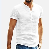 abordables Tenue d&amp;#39;affaires décontractée-Homme Chemise Chemise en lin Chemise en coton blanc Chemise d&#039;été Chemise de Plage Chemise en coton et lin Couleur Unie Vacances Occasionnel Blanche Bleu Manche Courte Col montant Printemps &amp; Été