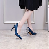 tanie Formalny-damskie buty ślubne buty dla nowożeńców druhna sukienka biurowa eleganckie białe czerwone ciemnoniebieskie imitacje dżetów kryształowa satyna szpiczasty nosek buty na wysokim obcasie walentynki prezenty wesele rocznica