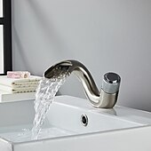 abordables Classiques-robinet mélangeur d&#039;évier de salle de bain cascade, robinets de lavabo monocommande monobloc, pont de robinet en laiton monobloc monté avec tuyau d&#039;eau chaude et froide