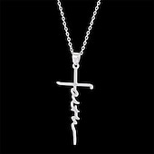 cheap Trendy Jewelry-Women&#039;s Necklace Faith Cross Jesus Stainless Steel Pendant Necklace Gold Silver Cross Necklace for Dainty Women Letters Decoration Jewelry Faith Grace Love