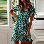 abordables Robes fleuries élégantes-Femme Mini robe Robe vert émeraude Robe Portefeuille mode basique Romantique Vacances du quotidien Rendez-vous Standard Floral Manche Courte Col V bleu marine Vert Eté Printemps