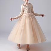 preiswerte Kleider für die Blumenmädchen-Blumenmädchenkleid Mädchen Kleid Prinzessinenkleid Party Kleid Formal Hochzeit Party Elegant Kuschelig Ausgefallene Kindertag Gitter Blumen Langarm Rundhalsausschnitt Beige Weiß