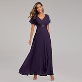 abordables Mariage Décontracté / de Jour-Robe de mariage en A-line froncée élégante pour les invitées de mariage mariage à la plage formelle cravate noire pour demoiselles d&#039;honneur longueur de sol manches courtes décolleté en V chiffon dos