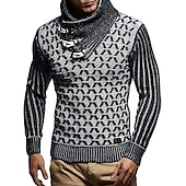 お買い得  男性用プルオーバーセーター-男性用 ニット プルオーバーセーター タートルネックセーター ケーブル ニット ボタン ニット 幾何学模様 タートルネック スタイリッシュ ビンテージ 衣類 秋 冬 ホワイトとブラック ブラック S M L
