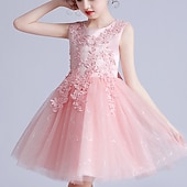 baratos Vestidos floridos-Infantil Para Meninas Vestido de daminha de honra Vestido Flor Sem Manga Casamento Festa Paetês Princesa Doce Poliéster Altura dos Joelhos Vestido de florista Verão 3-12 anos Branco Rosa Azul Marinha