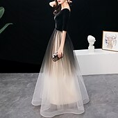 levne Polos formální / Koktejl-A-line večerní šaty elegantní šaty pro svatební hosty plesové dlouhé až na zem poloviční rukáv džewelový výstřih tyl s elegantními