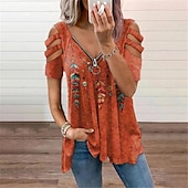 economico Top Grafici da Donna-donne top t-shirt hollow-out spalla manica corta camicetta casual camicie esplosive stampa piuma scollo a V cerniera camicia