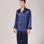 cheap Men&#039;s Pajamas-Men&#039;s Satin &amp; Silk Sleepwear Pajama Top and Pant Silk Pajama 2 Pieces Pure Color Luxury Home Bed Faux Silk Comfort Long Sleeve Pant Winter Fall Pure blue Blue cord
