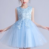 baratos Vestidos floridos-Infantil Para Meninas Vestido de daminha de honra Vestido Flor Sem Manga Casamento Festa Paetês Princesa Doce Poliéster Altura dos Joelhos Vestido de florista Verão 3-12 anos Branco Rosa Azul Marinha