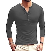 preiswerte Lässiges Henley-T-Shirt-Herren T-Shirt mit Knöpfen T Shirt Langarmshirt Langarm Stehkragen Frühling &amp; Herbst Einfach Leicht Klassisch Lässig Button-Down Urlaub Lässig Ferien Wein Schwarz Weiß Top T-Shirt für Herren