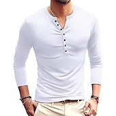 preiswerte Lässiges Henley-T-Shirt-Herren T-Shirt mit Knöpfen T Shirt Langarmshirt Langarm Stehkragen Frühling &amp; Herbst Einfach Leicht Klassisch Lässig Button-Down Urlaub Lässig Ferien Wein Schwarz Weiß Top T-Shirt für Herren