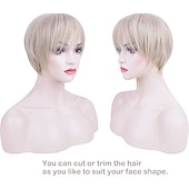 economico parrucca più vecchia-parrucche corte pixie tagli capelli ombre biondo platino parrucche sintetiche resistenti al calore diritte naturali con frangia parrucca naturale per uso quotidiano per donne bianche