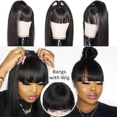 abordables Perruques sans bonnet-Cheveux Naturel humain Perruque Longue Droit Avec Frange Naturel Soirée Mode Meilleure qualité Sans bonnet Cheveux Brésiliens Femme Noir naturel #1B 10 pouces 30 CM 35 CM Nouvelle An du quotidien