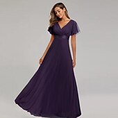 abordables Mariage Décontracté / de Jour-Robe de mariage en A-line froncée élégante pour les invitées de mariage mariage à la plage formelle cravate noire pour demoiselles d&#039;honneur longueur de sol manches courtes décolleté en V chiffon dos
