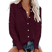 cheap Shirts-Women&#039;s Shirt Linen-Inspired Shirts Button Up Blouse Plain Elegant Business Basic Long Sleeve Shirt Collar Regular Tops Work Daily Weekend Black White Gray Fall &amp; Winter