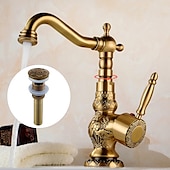 abordables Clásico-Grifo para lavabo de baño, juego central de latón, grifos de baño de un solo mango con un orificio