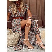 cheap Boho Dress-Women&#039;s Maxi long Dress Casual Dress Swing Dress Boho Dress Bohemia Vacation Boho Holiday Beach Weekend Regular Fit Paisley Print Boho Short Sleeve V Neck Black Red Brown Summer Spring