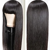 abordables Perruques sans bonnet-Cheveux Naturel humain Perruque Longue Droit Avec Frange Naturel Soirée Mode Meilleure qualité Sans bonnet Cheveux Brésiliens Femme Noir naturel #1B 10 pouces 30 CM 35 CM Nouvelle An du quotidien