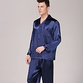 cheap Men&#039;s Pajamas-Men&#039;s Satin &amp; Silk Sleepwear Pajama Top and Pant Silk Pajama 2 Pieces Pure Color Luxury Home Bed Faux Silk Comfort Long Sleeve Pant Winter Fall Pure blue Blue cord