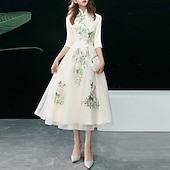 cheap Prom Dresses-A-Line Cocktail Dresses Elegant Dress Wedding Guest Party Wear Tea Length Half Sleeve Stand Collar Tulle with Appliques