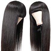 abordables Perruques sans bonnet-Cheveux Naturel humain Perruque Longue Droit Avec Frange Naturel Soirée Mode Meilleure qualité Sans bonnet Cheveux Brésiliens Femme Noir naturel #1B 10 pouces 30 CM 35 CM Nouvelle An du quotidien