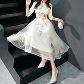 cheap Prom Dresses-A-Line Cocktail Dresses Elegant Dress Wedding Guest Party Wear Tea Length Half Sleeve Stand Collar Tulle with Appliques