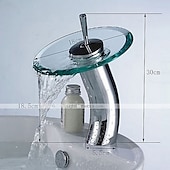 お買い得  クラシカル-真鍮の浴室の流しの蛇口、滝のクロム容器のシングルハンドル、ガラスの蛇口の注ぎ口、セラミックバルブ、ホットとコールドのスイッチを備えた1つの穴のバスタップ