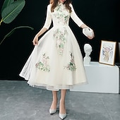 cheap Prom Dresses-A-Line Cocktail Dresses Elegant Dress Wedding Guest Party Wear Tea Length Half Sleeve Stand Collar Tulle with Appliques