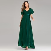 abordables Mariage Décontracté / de Jour-Robe de mariage en A-line froncée élégante pour les invitées de mariage mariage à la plage formelle cravate noire pour demoiselles d&#039;honneur longueur de sol manches courtes décolleté en V chiffon dos